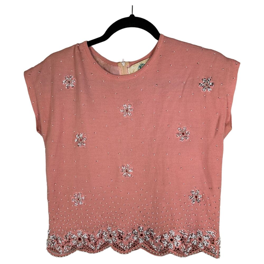 Vintage Gene Shelly 1960s Pink Hand Beaded Pearl Floral Cropped Blouse Size 12